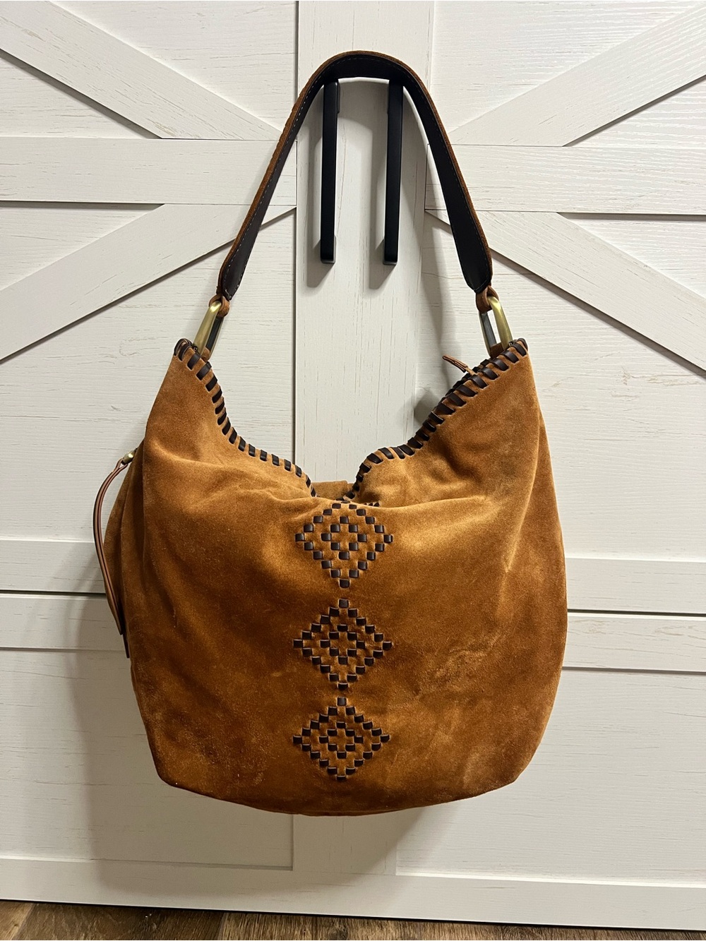 HOBO Harley Suede Bag in Oak Barrel Brown Hand  Stitched Whipstitch w hidepocket - Picture 3 of 16